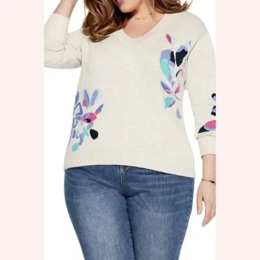 Nic+Zoe Women's Blooming Flowers V Neck Floral Art to Wear Sweater Size XXL NWT